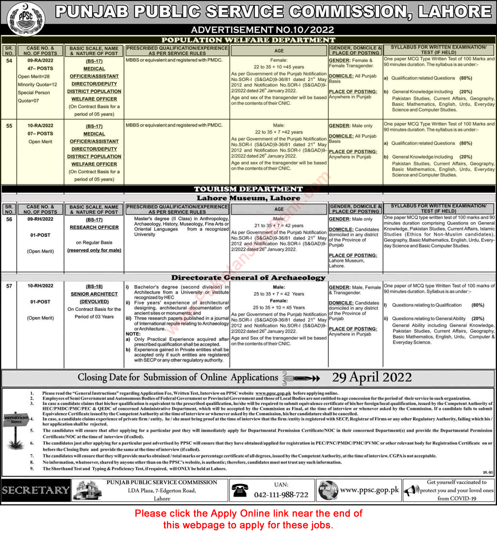 Medical Officer Jobs in Population Welfare Department Punjab April 2022 PPSC Apply Online Latest