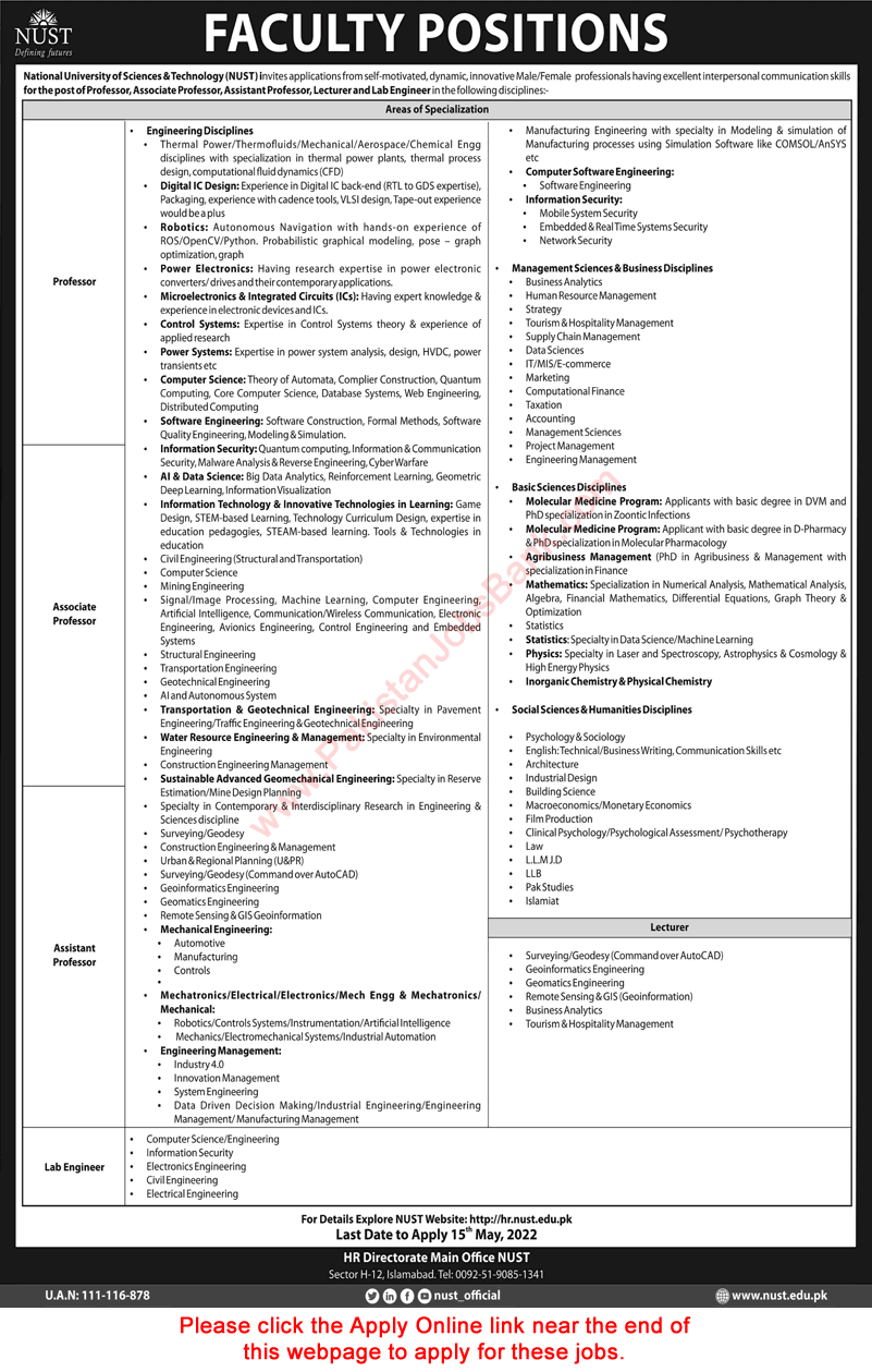 NUST University Islamabad Jobs May 2022 Apply Online Teaching Faculty & Lab Engineers Latest