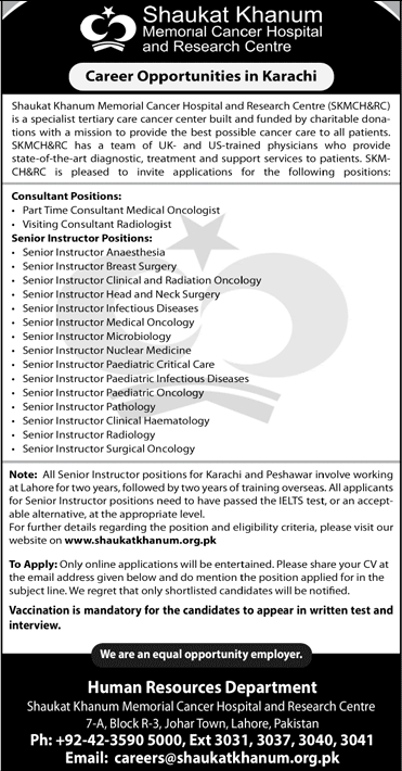 Shaukat Khanum Hospital Karachi Jobs May 2022 SKMCH Senior Instructors & Consultants Latest