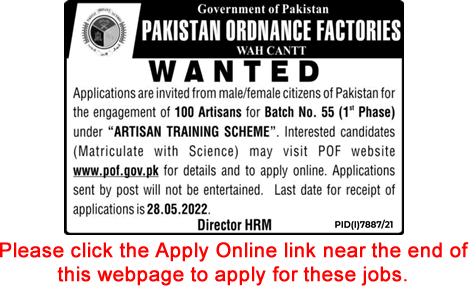 POF Apprenticeships 2022 May Artisans Training Scheme Jobs Online Apply Pakistan Ordnance Factories Latest
