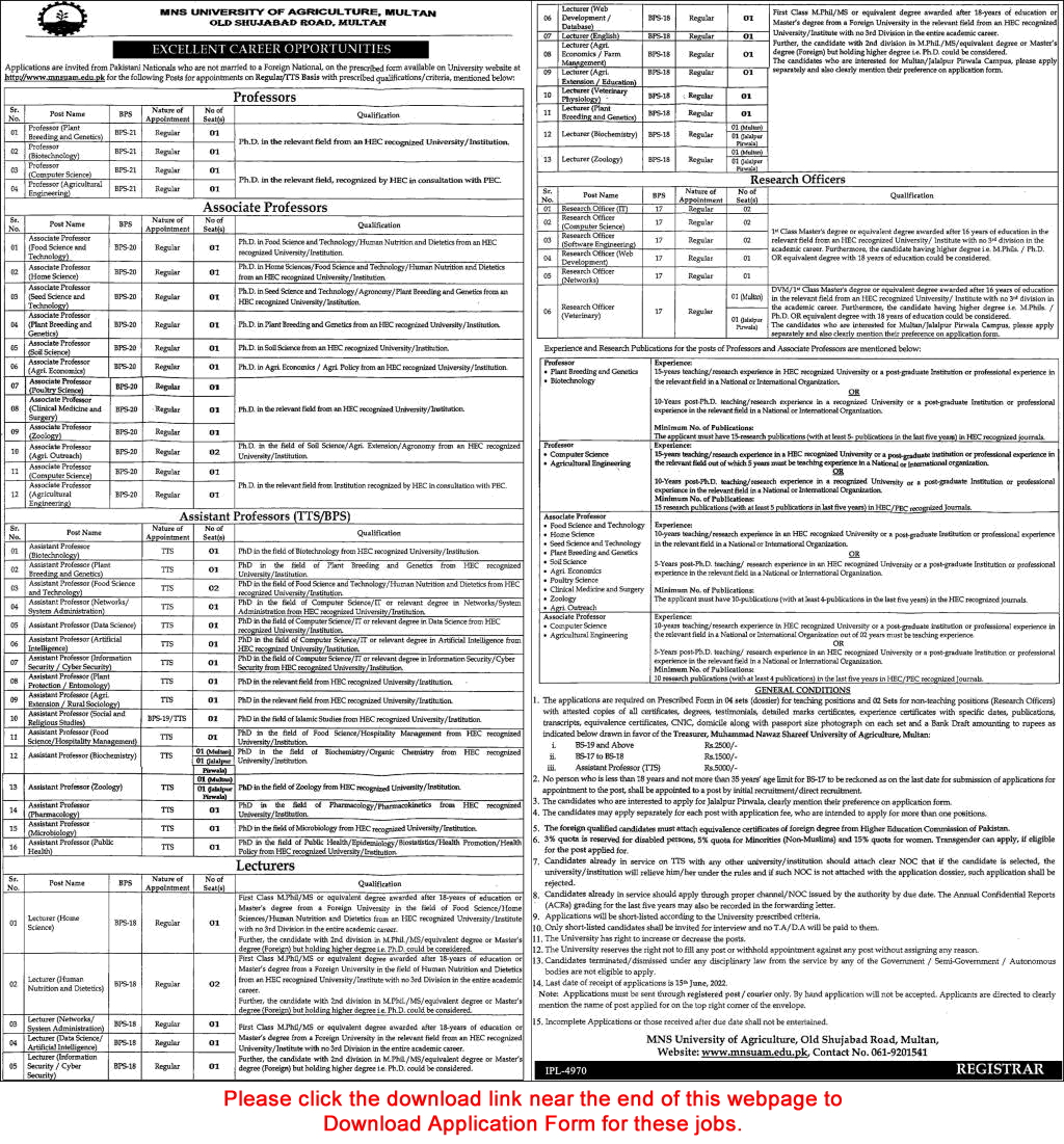 Muhammad Nawaz Shareef University of Agriculture Multan Jobs 2022 May MNS Application Form Teaching Faculty & Research Officers Latest