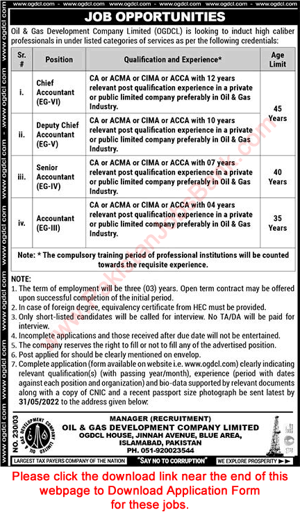 OGDCL Jobs May 2022 Application Form Accountants in Oil and Gas Development Company Limited Latest