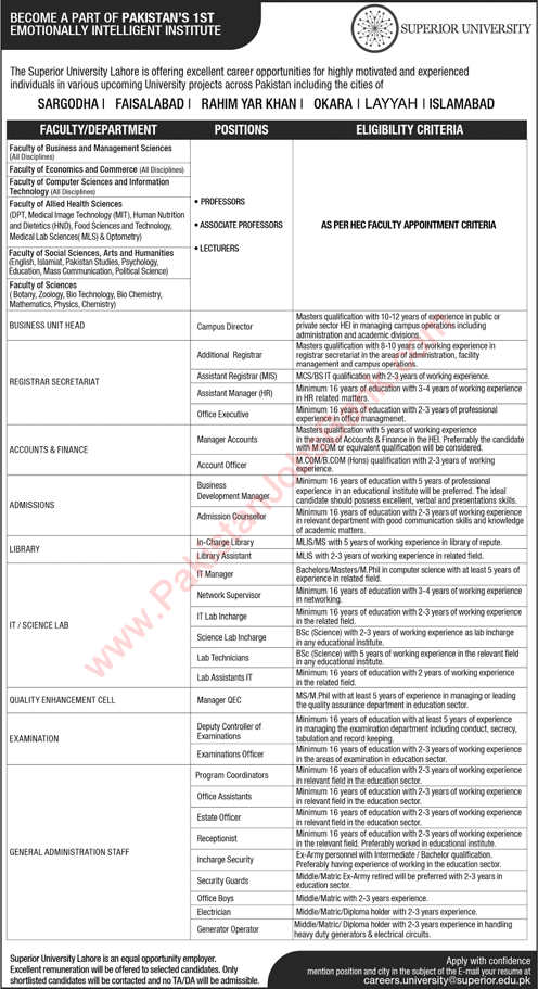 Superior University Jobs 2022 May Teaching Faculty, Office Assistants & Others Latest