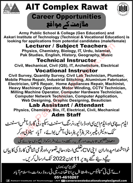 Askari Institute of Technology Rawat Jobs May 2022 June AIT Complex Army Public School and College Latest