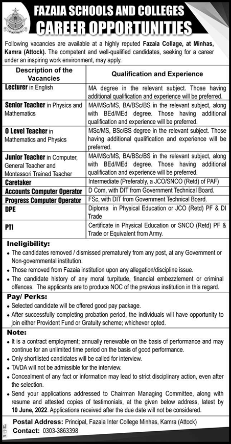 Fazaia Inter College Minhas Kamra Jobs 2022 May / June Teachers & Others Latest