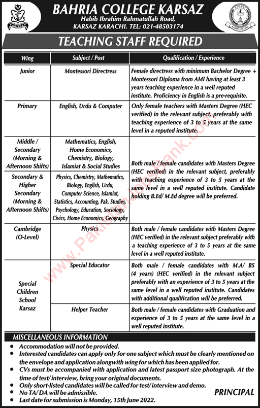 Bahria College Karsaz Karachi Jobs May 2022 June Teachers & Others Latest