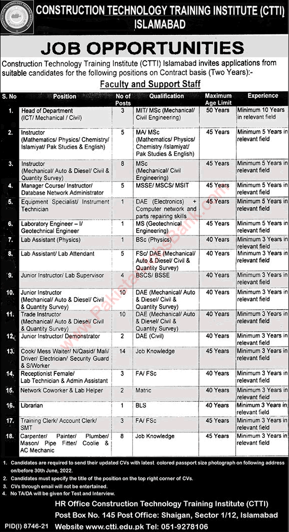 Construction Technology Training Institute Islamabad Jobs 2022 June Instructors & Others CTTI Latest