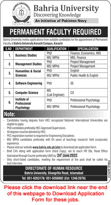 Teaching Faculty Jobs in Bahria University Karachi Campus June 2022 Application Form Latest