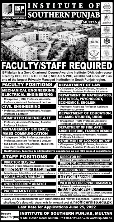 Institute of Southern Punjab Multan Jobs 2022 June Teaching Faculty & Others Latest
