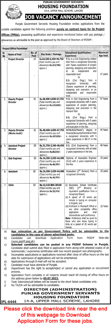 Punjab Government Servants Housing Foundation Lahore Jobs 2022June PGSHF Application Form Latest