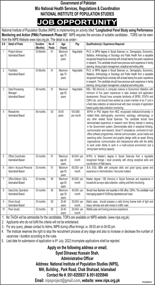 NIPS Islamabad Jobs 2022 June National Institute of Population Studies Office Editors & Others Latest