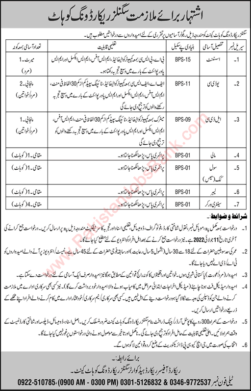 Signals Record Wing Kohat Jobs 2022 June Sanitary Workers & Others Latest