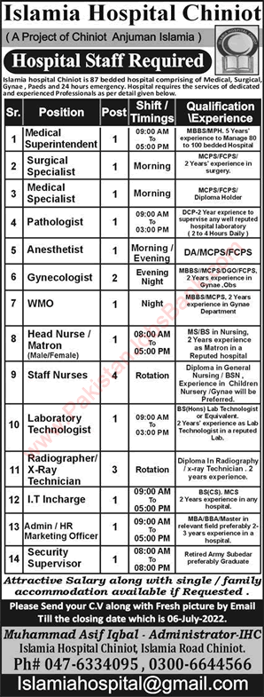 Islamia Hospital Chiniot Jobs June 2022 Staff Nurses, Technicians & Others Latest