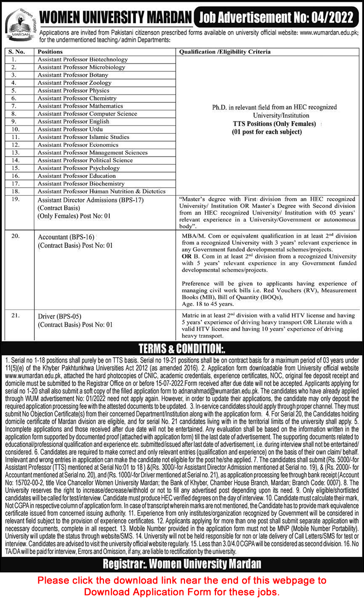 Women University Mardan Jobs June 2022 Application Form Assistant Professors & Others Latest