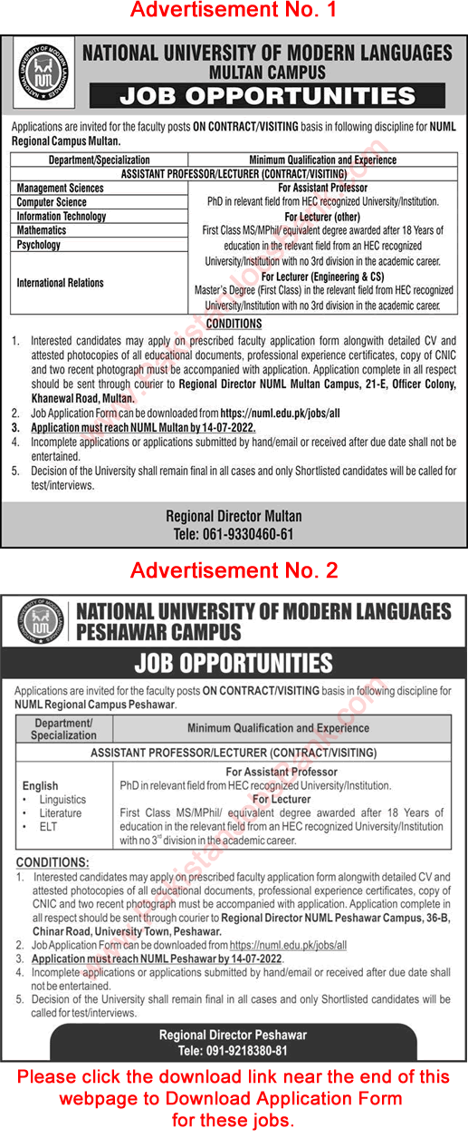 Assistant Professor / Lecturer Jobs in NUML University Multan / Peshawar Campus June 2022 July Application Form Latest