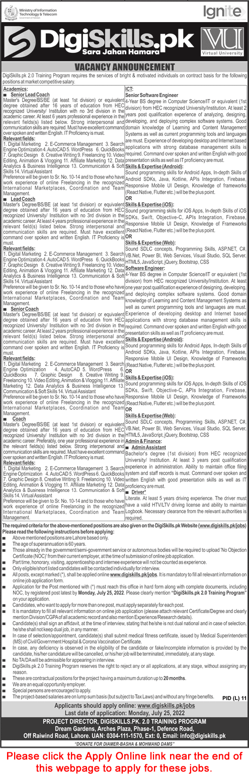 Digiskills Pakistan Jobs July 2022 Online Apply Senior Lead Coaches & Others Virtual University Latest