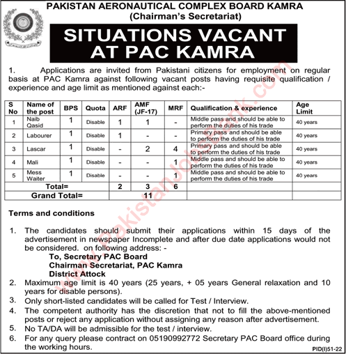 Pakistan Aeronautical Complex Kamra Jobs July 2022 PAC ARF AMF Naib Qasid & Others Latest