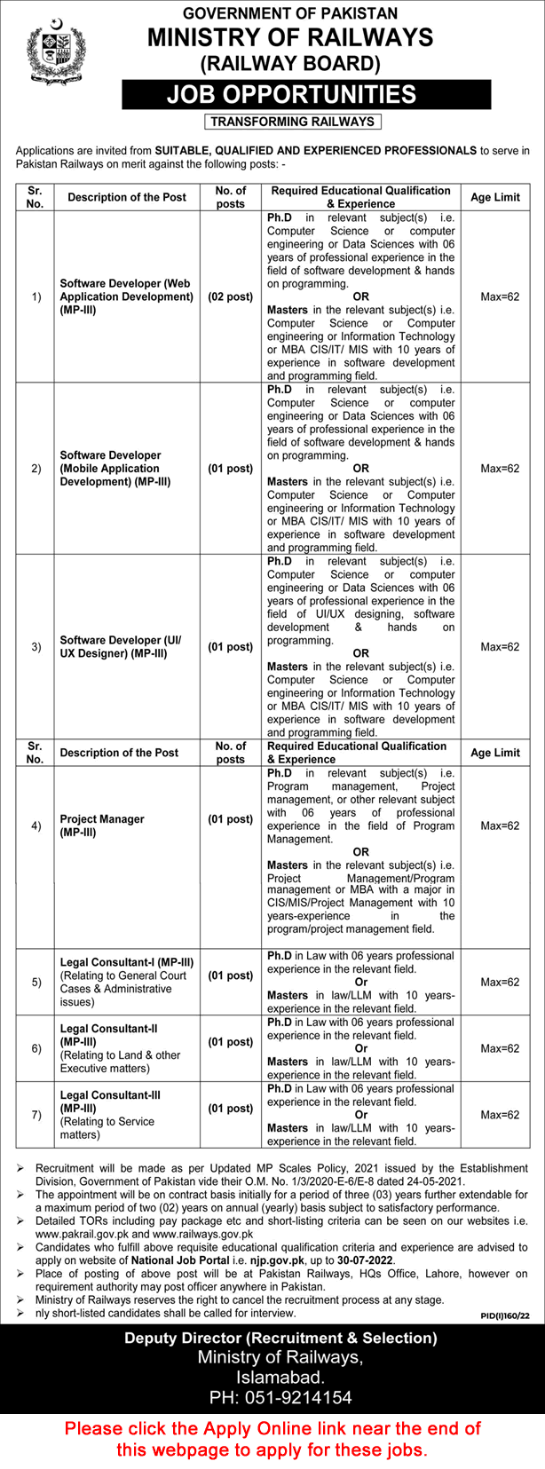 Ministry of Railways Jobs July 2022 Apply Online Software Developer & Others Latest