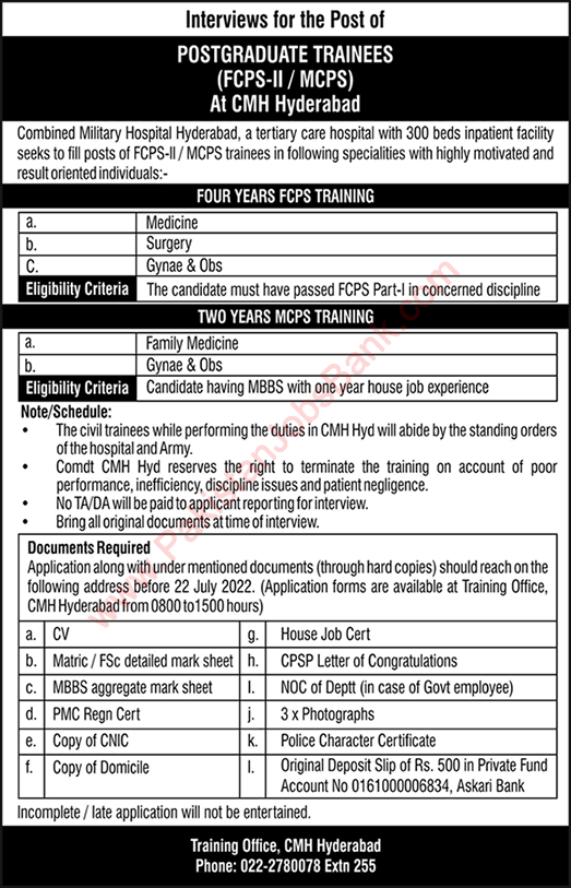 CMH Hyderabad FCPS / MCPS Postgraduate Training 2022 July Combined Military Hospital Latest