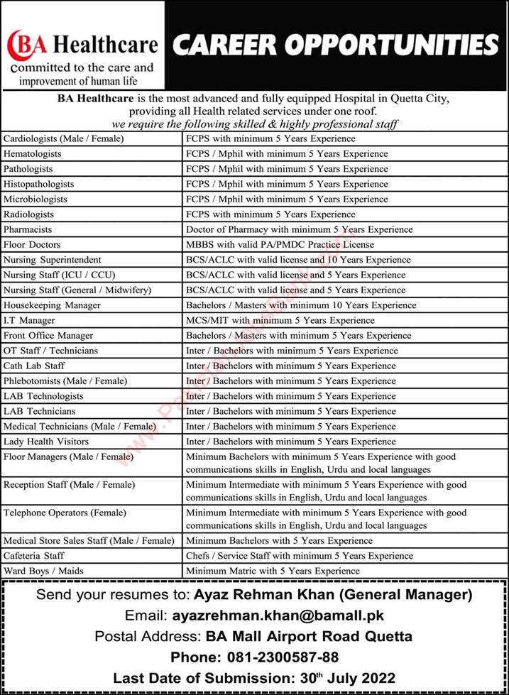 BA Healthcare Hospital Quetta Jobs 2022 July Nurses, Medical Technicians & Others Latest