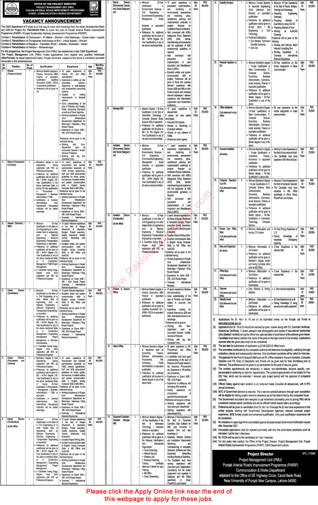 Communication and Works Department Punjab Jobs July 2022 Apply Online Arterial Roads Improvement Programme Latest