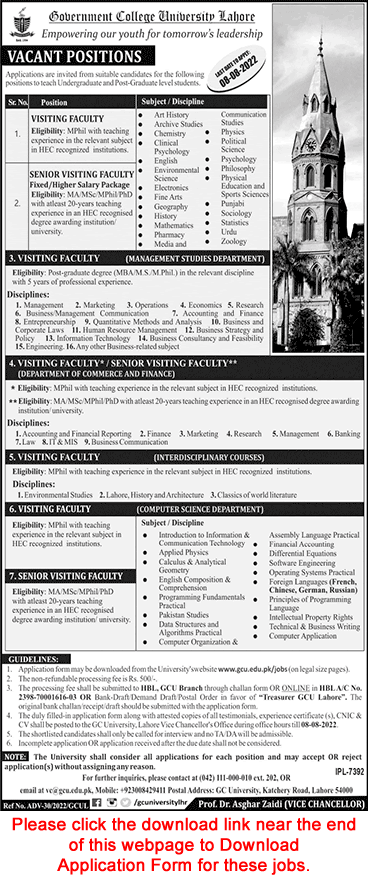 Visiting Faculty Jobs in GC University Lahore July 2022 Application Form Government College University Latest