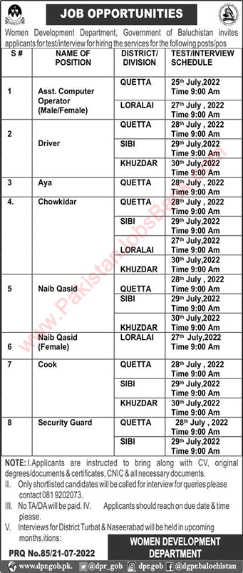 Women Development Department Balochistan Jobs 2022 July Naib Qasid & Others Latest