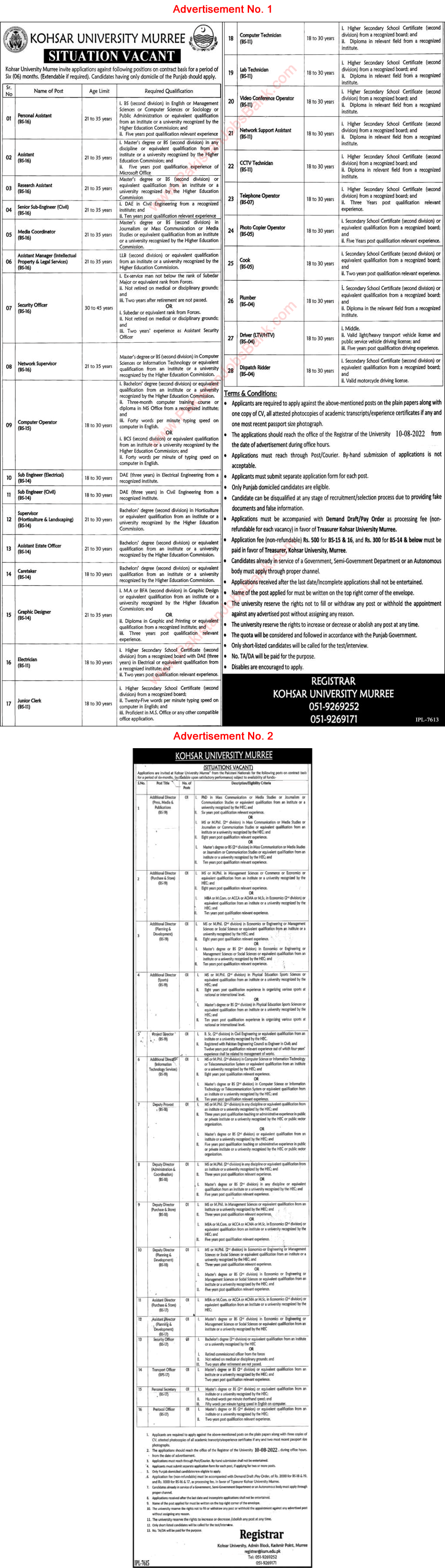 Kohsar University Murree Jobs 2022 July Assistant Directors, & Others Latest