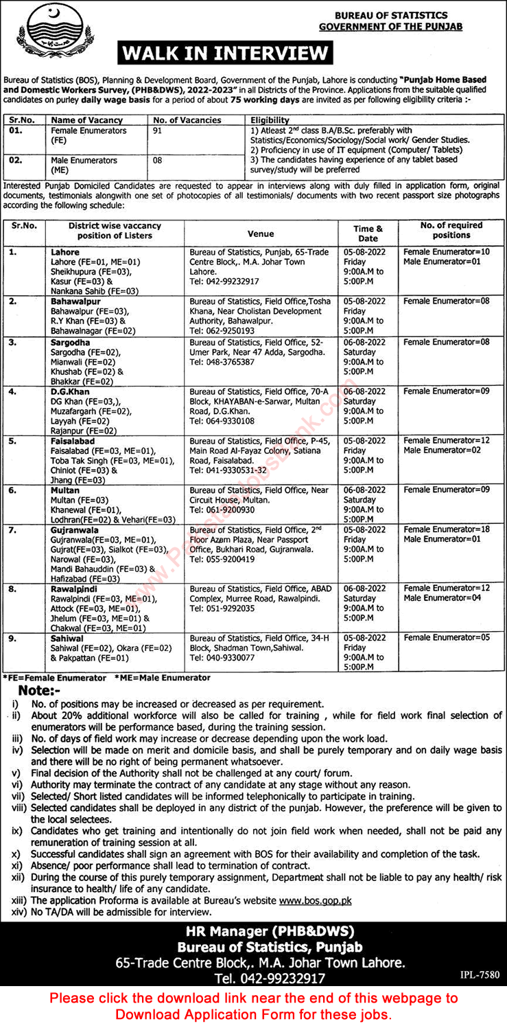 Enumerator Jobs in Bureau of Statistics Punjab 2022 July Application Form Walk In Interview BOS Latest