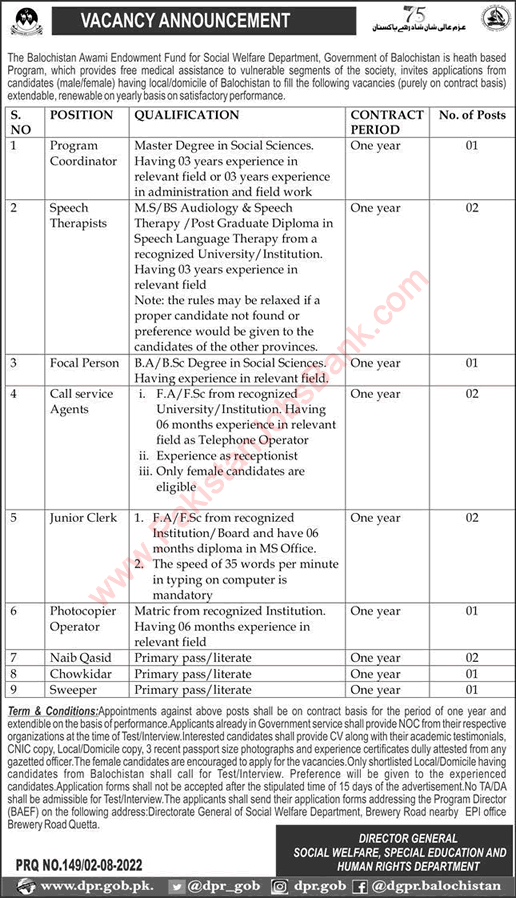 Social Welfare Department Balochistan Jobs 2022 August Speech Therapists, Clerks & Others Latest