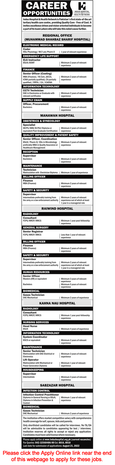 Indus Hospital Jobs August 2022 Apply Online Officers, Technicians, Supervisors & Others Latest