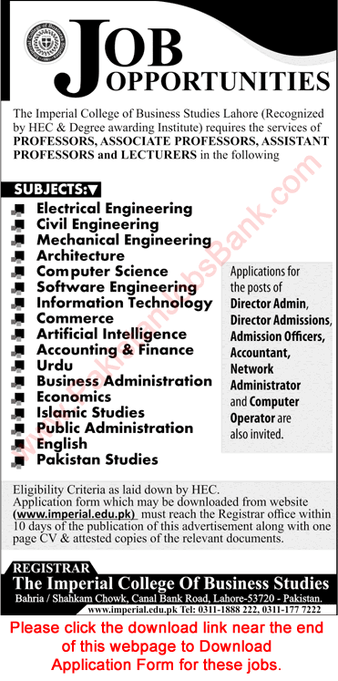 Imperial College of Business Studies Lahore Jobs 2022 August Application Form Teaching Faculty & Others Latest