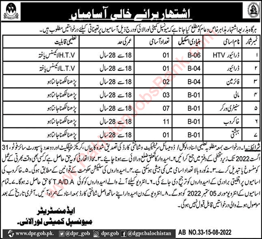 Municipal Committee Loralai Jobs 2022 August Khakroob & Others Latest