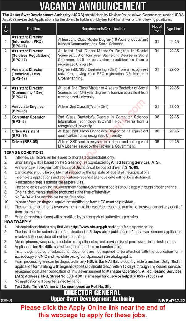 Upper Swat Development Authority Jobs 2022 August USDA ATS Apply Online Computer Operators, Office Assistants & Others Latest