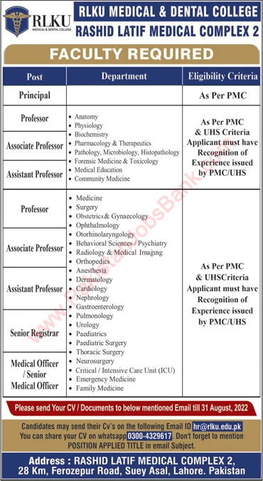 Rashid Latif Khan University Lahore Jobs August 2022 Teaching Faculty, Medical Officers & Others Latest