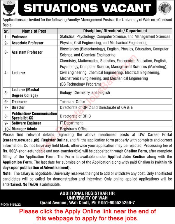 University of Wah Jobs August 2022 Application Form Apply Online Teaching Faculty & Others Latest