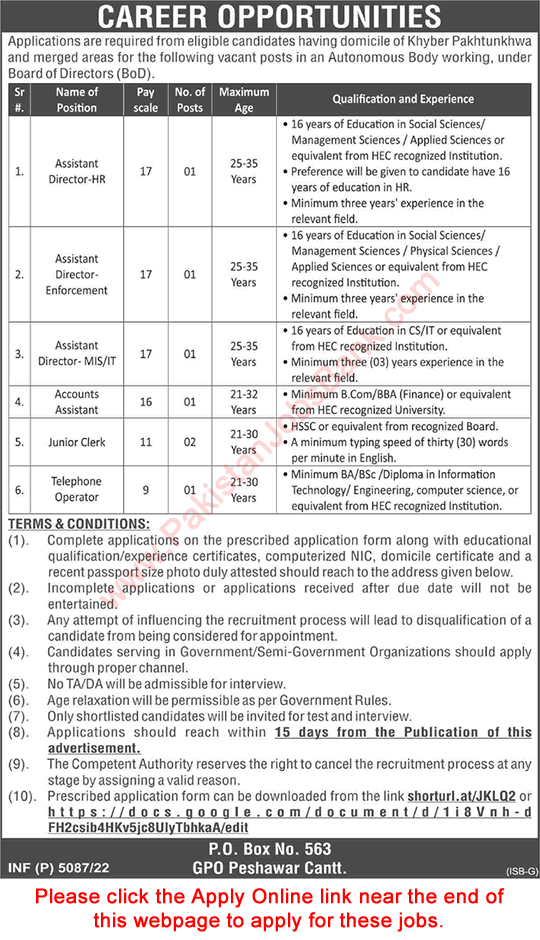 PO Box 563 GPO Peshawar Jobs 2022 September Application Form Assistant Directors & Others Latest