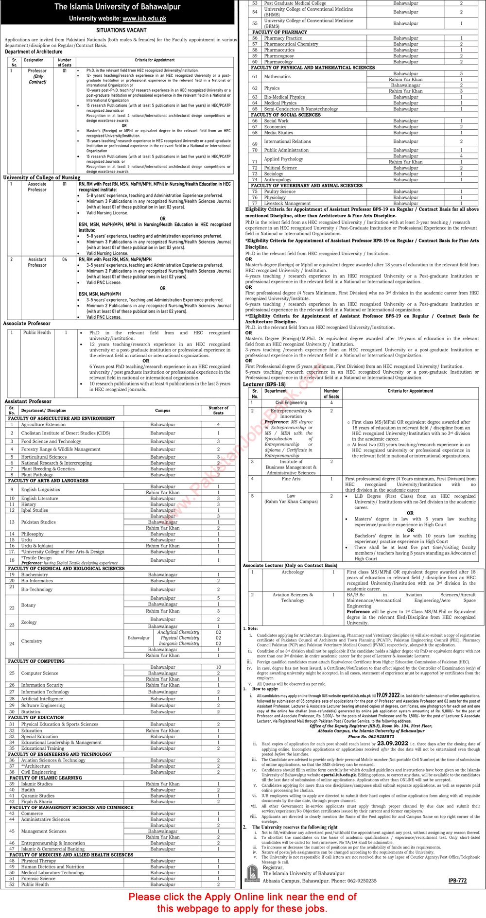 Teaching Faculty Jobs in Islamia University Bahawalpur 2022 September IUB Apply Online Latest