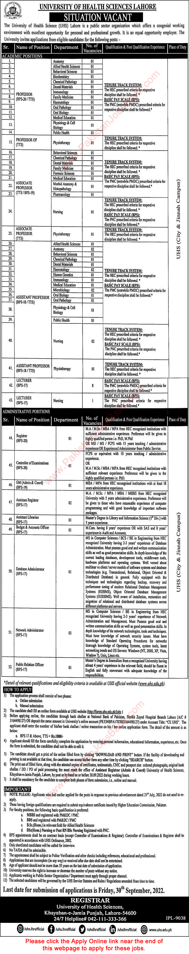 University of Health Sciences Lahore Jobs September 2022 UHS Apply Online Teaching Faulty & Others Latest