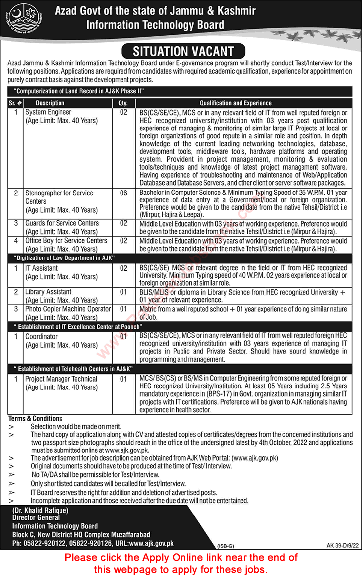 AJK Information Technology Board Jobs 2022 September Apply Online Stenographers & Others Latest