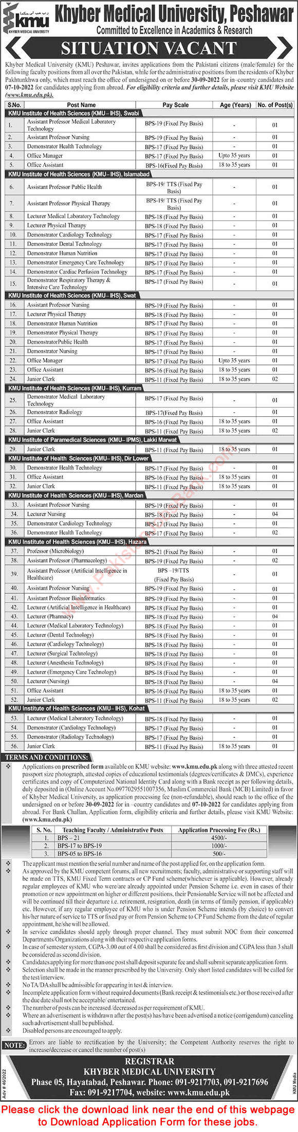 Khyber Medical University Jobs September 2022 KMU Application Form Teaching Faculty & Others Latest