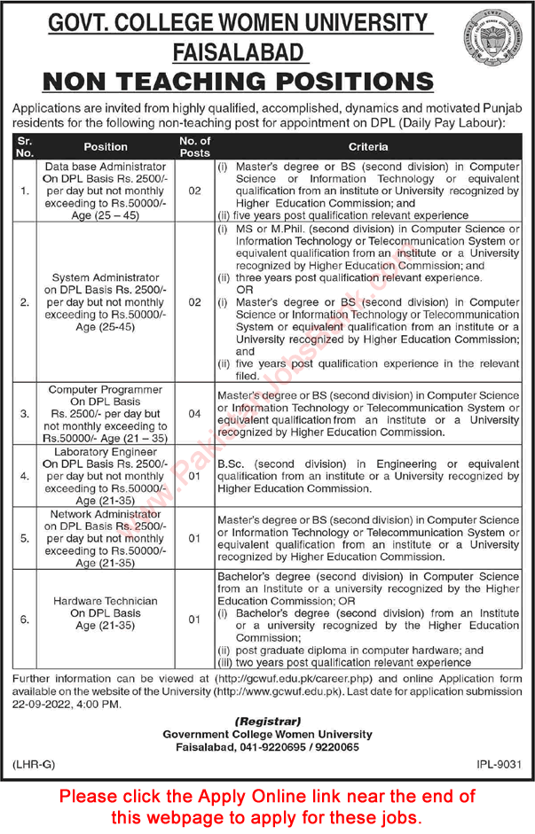 Government College Women University Faisalabad Jobs September 2022 Online Apply GCWUF Latest