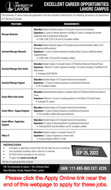 University of Lahore Jobs September 2022 UOL Apply Online Assistant Managers, Officers & Others Latest