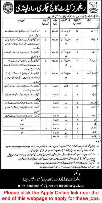 Rangers Cadet College Chakri Rawalpindi Jobs September 2022 Application Form Assistant, Clerk & Others Latest