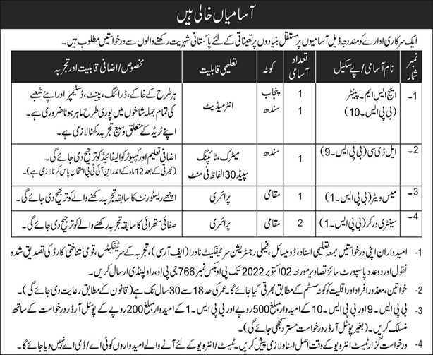 PO Box 766 GPO Rawalpindi Jobs 2022 September HSM Painters & Others Pak Army Latest