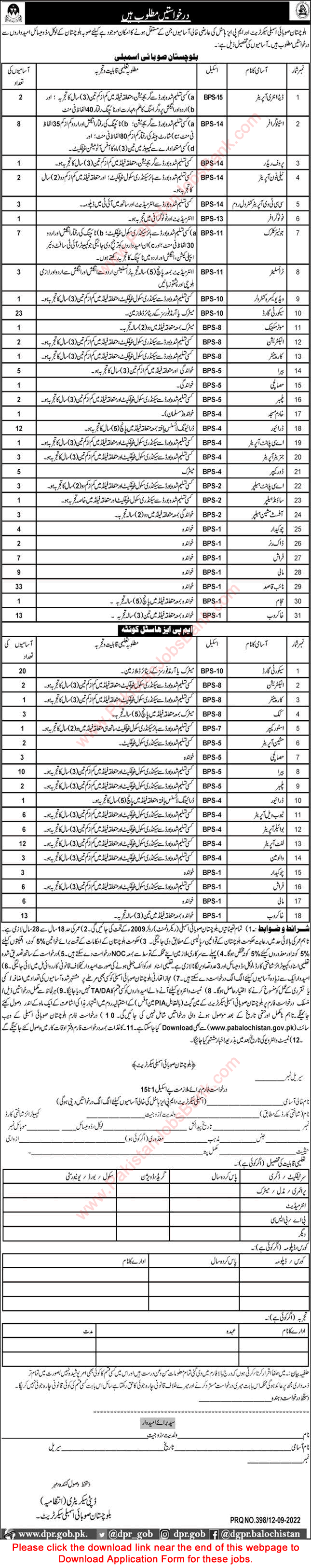 Balochistan Provincial Assembly Secretariat Jobs 2022 September Application Form Security Guards, Naib Qasid & Others Latest