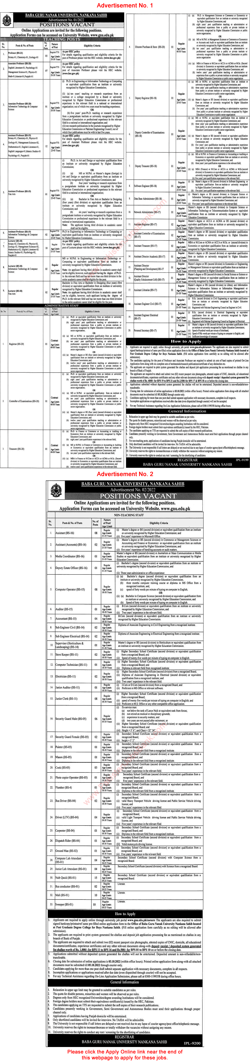 Baba Guru Nanak University Nankana Sahib Jobs 2022 September Apply Online Assistant, Teaching Faculty & Others Latest