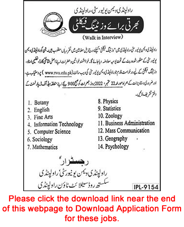 Visiting Faculty Jobs in Rawalpindi Women University 2022 September Application Form Walk in Interview Latest