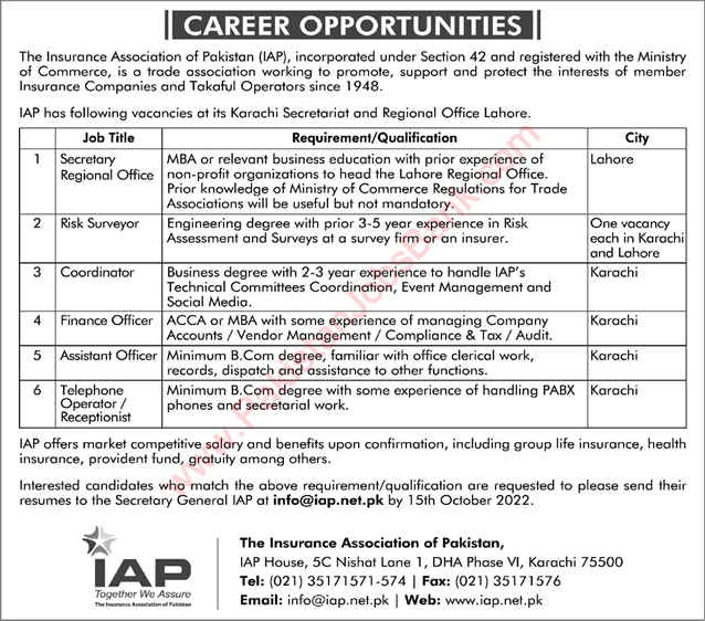 Insurance Association of Pakistan Jobs 2022 September IAP Finance Officer & Others Latest