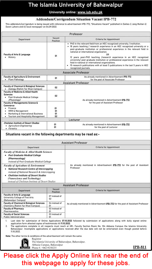 Teaching Faculty Jobs in Islamia University of Bahawalpur September 2022 IUB Apply Online Latest